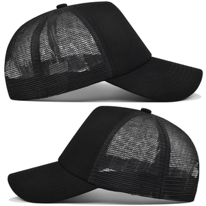Detail view of the breathable mesh back and adjustable strap on the black trucker cap