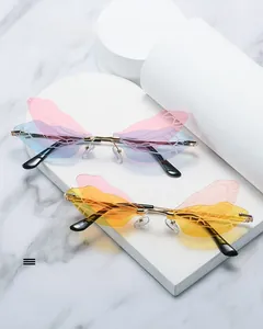 Detail of rimless dragonfly wing sunglasses with gradient lenses and gold metal temples