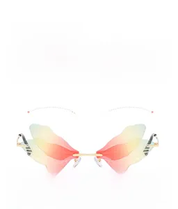 Frameless butterfly wing sunglasses with pink orange gradient lenses and gold bridge