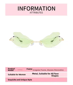 Detailed view of dragonfly wing rimless sunglasses with green gradient lenses and gold frame