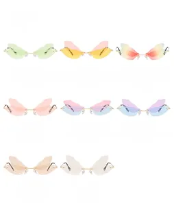 Matrix display of rimless dragonfly wing sunglasses in eight vibrant color variations
