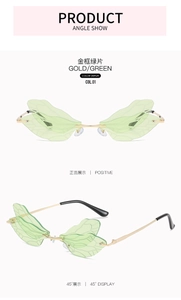 Detailed views of gold dragonfly wing sunglasses with transparent green lenses