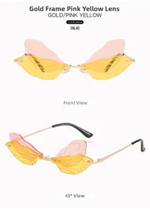 Detailed front and side views of rimless dragonfly wing sunglasses in gold and pink yellow