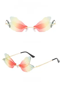 Detailed close-up of dragonfly wing shaped rimless sunglasses with pink yellow gradient lenses