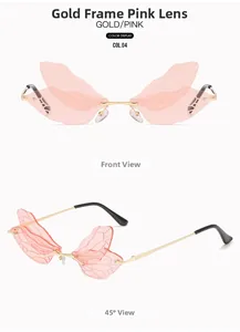 Close-up of frameless pink dragonfly wing sunglasses with gold metal frame and detailing