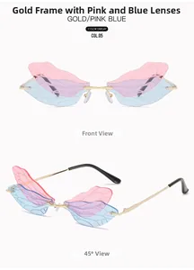Detail of dragonfly wing sunglasses with gold frame and pink blue gradient lenses