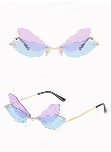 Macro view of gold-rimmed dragonfly wing sunglasses with purple-blue gradient lenses