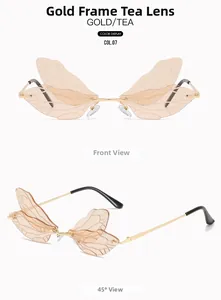 Detailed views of gold dragonfly wing sunglasses with delicate leaf-like lens textures