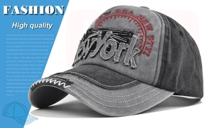 Close-up of vintage washed gray canvas baseball cap with 3D New York embroidery detail