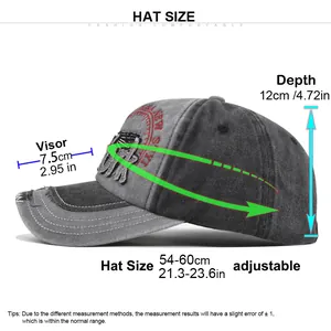 Detailed size chart for washed grey vintage baseball cap with adjustable strap measurements