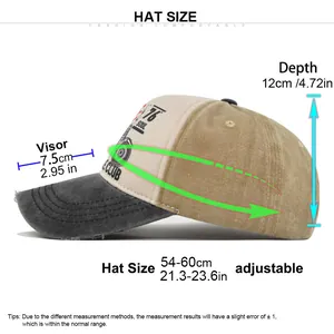 Größentabelle mit verstellbarem 54-60 cm Umfang für diese Vintage-Washed-Baseballkappe