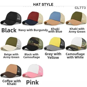 Matrix display of trucker hats showing breathable mesh back and various color options