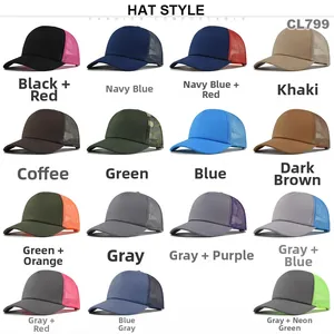 Detail view of 15 various color mesh trucker caps with breathable fabric and curved brims