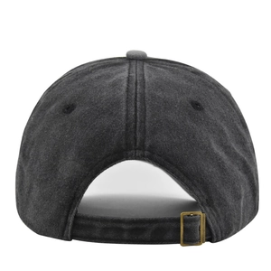 Detail of the back of a charcoal washed cotton baseball cap with adjustable metal buckle
