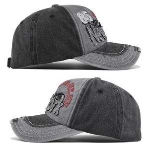 Detail of vintage washed cotton baseball cap featuring 3D New York embroidery and distressed brim