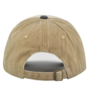 Detail of adjustable brass buckle and vintage washed fabric on baseball cap