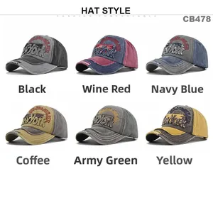 Macro display of vintage distressed baseball caps with 3D New York embroidery in six colors