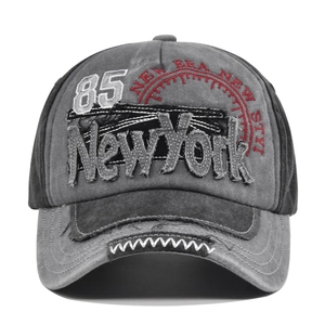 Distressed dark grey baseball cap with 3D 85 embroidery and New York street style print