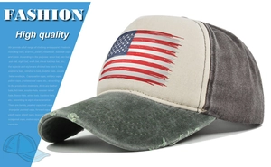 Close-up of distressed vintage American flag baseball cap with frayed brim details