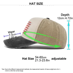 Size chart showing adjustable head circumference, visor length, and depth for the baseball cap