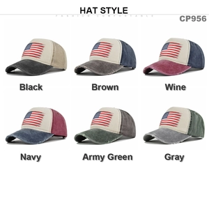 Vintage USA flag baseball caps in six colors showing distressed washed canvas style