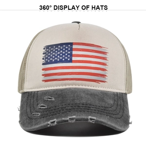 Detail showing distressed American flag print and worn holes on vintage baseball cap brim