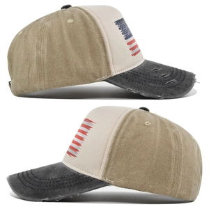 Close-up of distressed American flag baseball cap with vintage patchwork and worn details