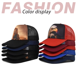Detail of animal print trucker hats featuring breathable mesh and diverse color options