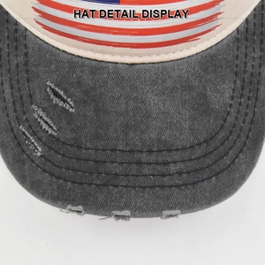 Macro detail of distressed charcoal cotton baseball cap with American flag stripes