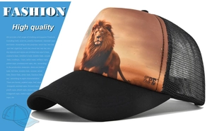 Detailed view of breathable black mesh and realistic lion print on the trucker cap