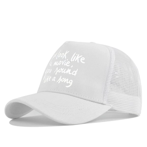Detail of white mesh trucker hat featuring printed movie and song lyrics quote