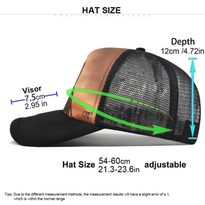 Detailed technical diagram showing trucker hat dimensions including depth and brim length