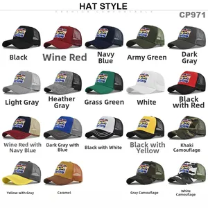 Vue en matrice de 19 casquettes trucker multicolores avec maille et patchs slogan