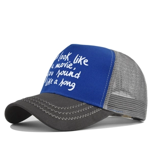 Detail of truck cap showing grey mesh back and white text print on blue fabric