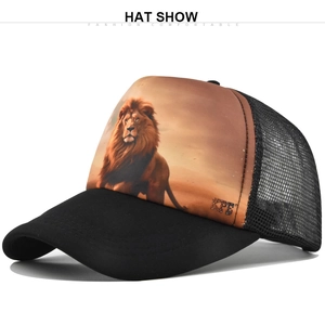 Detailed macro view of the breathable black mesh material and lion print on trucker hat