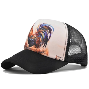 Close-up of a trucker hat featuring a vibrant rooster print and black mesh back