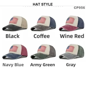 Detailed view of vintage washed canvas baseball caps with USA flag print in six colors