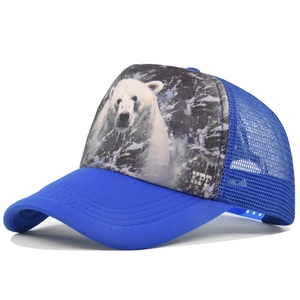 Detailed close-up of blue mesh trucker hat with polar bear print and plastic snapback