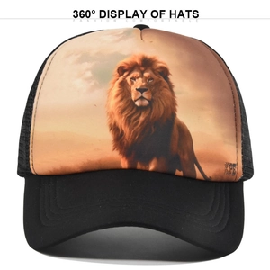 Detailed front view of black mesh trucker hat featuring a realistic lion graphic print