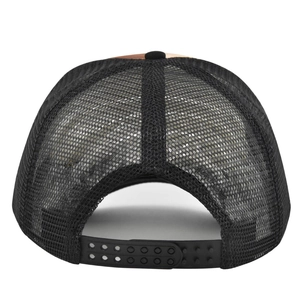 Rear view of black mesh baseball cap with adjustable double-row snapback closure