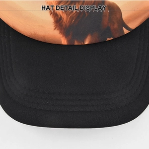 Detail view of black baseball cap with lion print and high-quality stitching on the brim
