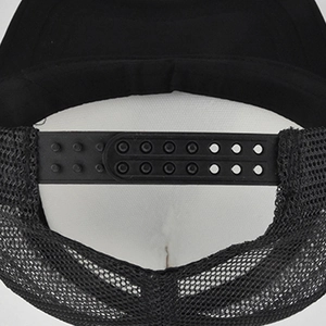 Close-up of adjustable snapback closure and breathable mesh material on black baseball cap