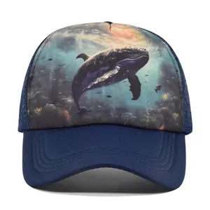 Deep blue trucker hat featuring a realistic ocean whale print and breathable mesh back