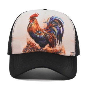 Animal print baseball cap with colorful rooster graphic and black mesh panels