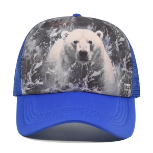 Blue and white trucker hat featuring a realistic white bear print with breathable mesh