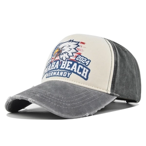 Detailed macro view of vintage eagle embroidery and distressed edges on baseball cap