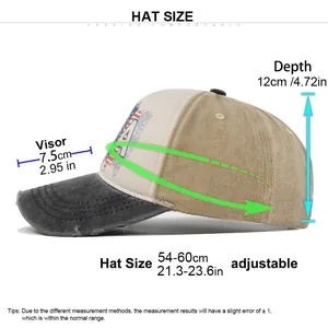 Size chart showing adjustable hat size 54-60cm and depth for vintage baseball cap