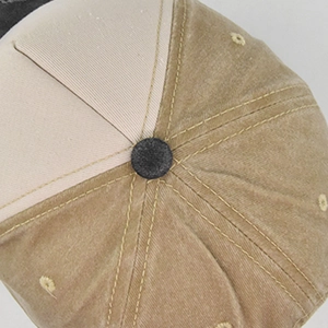 Detailed top view of a six-panel baseball cap showing stitching and ventilation eyelets