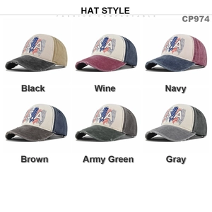 Vintage USA printed washed cotton baseball caps in six colors including black and wine red