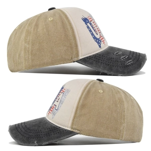 Close-up of vintage USA baseball caps featuring washed distressed denim and star-spangled logo